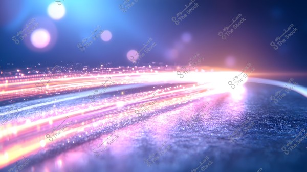 Shimmering streaks extend across a smooth surface, radiating vibrant hues of blue, purple, and pink. The background is blurred with a bokeh effect, creating a modern and fast-paced appearance.