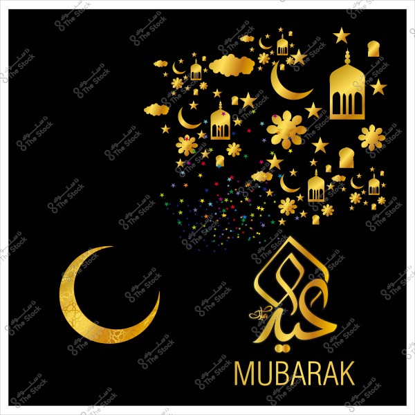 Decorative design with crescent and Eid Mubarak, featuring golden elements like mosques, stars, and flowers on a black background.