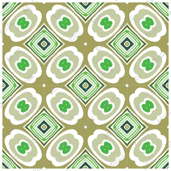 نمط هندسي بألوان خضراء وكريمية مع تصميم متماثل يضم أشكال ماسية وعضوية.
