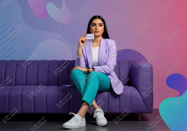 A woman wearing a lavender blazer, light blue pants, and a white t-shirt is sitting on a purple sofa, holding a small card. The background is colored with shades of purple, pink, and blue with abstract shapes. She is wearing white sneakers and a watch on her left wrist.