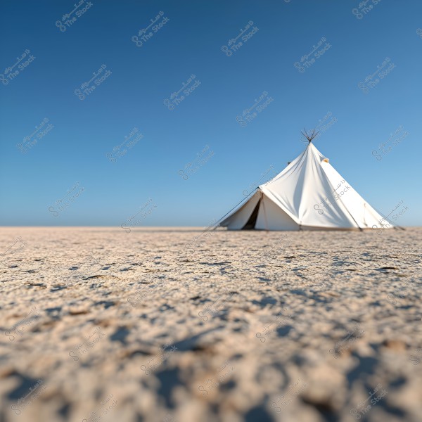 A white tent standing on dry, cracked desert ground under a clear blue sky. The tent is solitary in a vast, tranquil desert landscape.