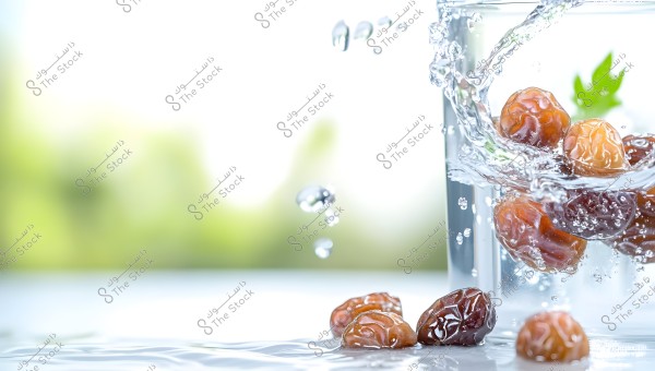 A collection of dark brown dates being dropped into a glass of water, causing water droplets to splash into the air. The background is blurred with bright green and white colors, giving the image a fresh and pure feeling.