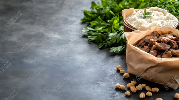 A food image displaying a portion of grilled meat or chicken in brown paper, served alongside a bowl of white puree garnished with a parsley leaf. Fresh parsley leaves are visible in the background, along with some scattered chickpeas on the rough gray surface.
