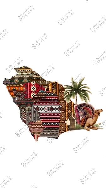 A map of Saudi Arabia created from patterns of traditional Arabian rugs with various geometric designs. On the right side, there\'s a palm tree and a seated camel near a traditional coffee pot, symbolizing traditional Arabian culture.