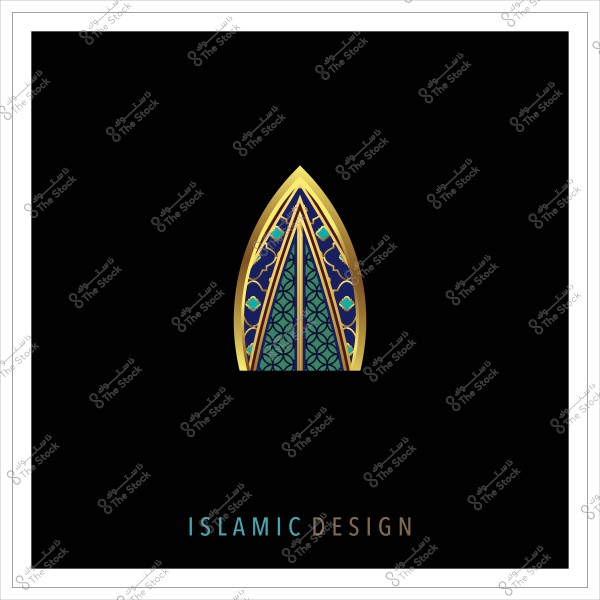 Islamic design with geometric lines and floral patterns in gold, blue, and green colors.