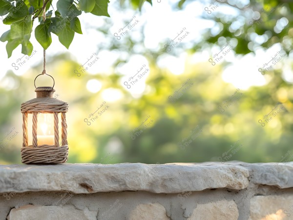 A lit lantern hanging from a tree branch with green leaves, placed on a stone wall. The background is blurred, showing green natural scenery illuminated by natural light.