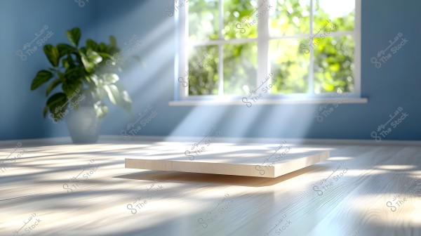 The image shows a bright room with sunlight streaming in through a large window. There is a rectangular wooden surface in the center of the light-colored wooden floor. A green plant in a pot is on the left side of the image next to the window, and the walls are painted light blue.