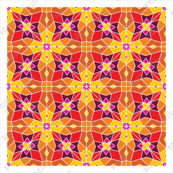 تصميم نمط هندسي ملون يتميز باللون الأحمر والبرتقالي والأصفر والبنفسجي مع أشكال نجمية وزخارف تقليدية.