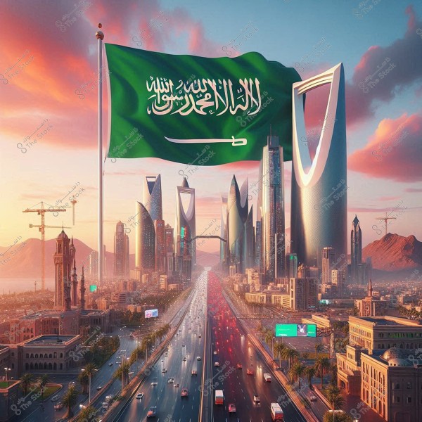 A depiction of Riyadh, Saudi Arabia, showcasing a futuristic skyline with modern buildings, including the iconic Kingdom Tower. The scene features a bustling highway running through the city center. A large Saudi Arabian flag with green color and white text prominently waves at the top of the image. Mountains are visible in the background, with construction cranes indicating ongoing development.