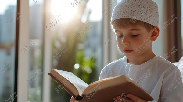 Image of a child wearing traditional white clothing with a patterned cap, sitting near a window and reading from a book under the bright sunlight. The background features plants and blurred urban shadows.