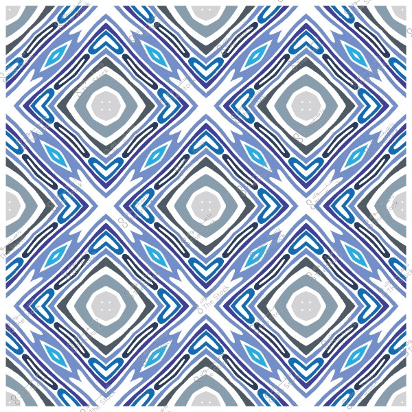 Geometric pattern with interlocking diamond shapes in blue and gray tones with wavy lines.