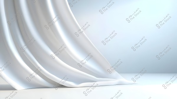 An image showing a silky white curtain gently flowing onto a white floor. The background is simple with soft gradients of light blue, adding a sense of calm and elegance.