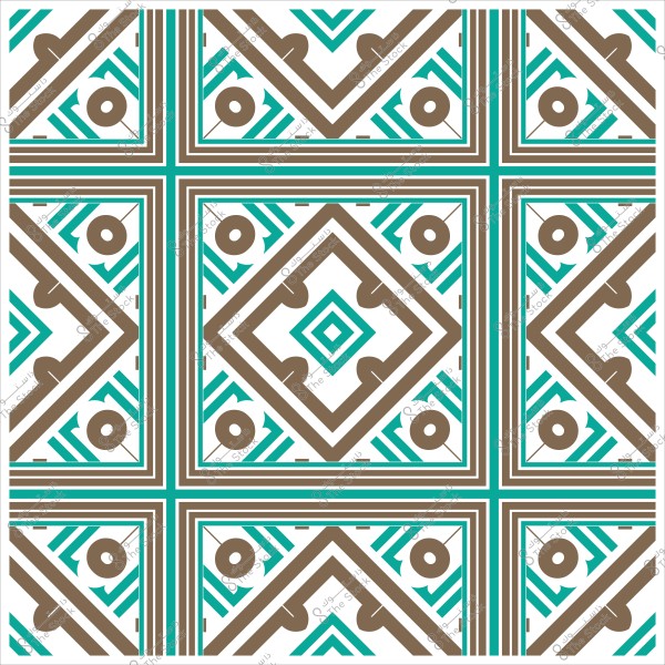تصميم هندسي بزخارف تقليدية باللونين البني والأزرق الفيروزي على خلفية بيضاء.