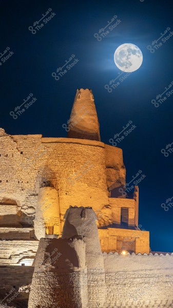 View of an ancient tower made of mud bricks at night under the full moonlight. The historic mud brick walls and the surrounding yellow lighting reflect the rich architectural history. The moon in the background stands in the dark blue sky, giving the scene a sense of calm and tranquility.
