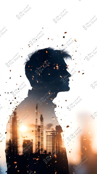 صورة ظلية لرجل مع تأثير مزدوج يظهر مشهد لأبراج وآلات صناعية أثناء غروب الشمس داخل الصورة, مما يشير إلى تفاعل بين الإنسان والصناعة. تنتشر أجزاء من الشرر أو الجزيئات الصغيرة في الخلفية مما يضيف لمسة ديناميكية للصورة.