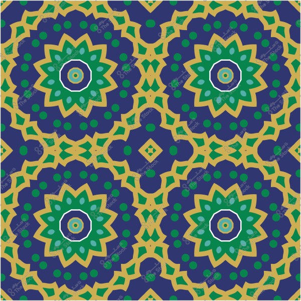 Symmetrical geometric decorative pattern in blue, green, and gold colors.