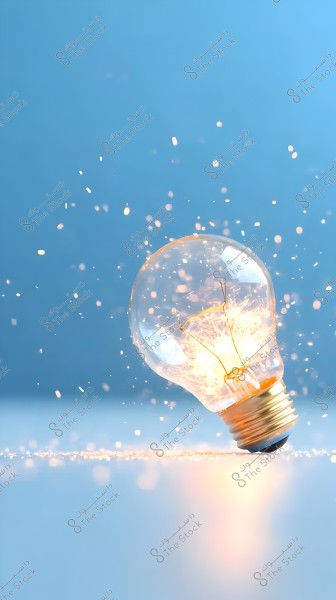 An image of an illuminated light bulb rolling on a smooth blue surface. Small glowing sparks emerge from the bulb, filling the air and creating an artistic and captivating appearance.