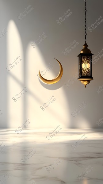 An image showing a traditional Arabic lantern hanging on the right, illuminated with warm light. On the left, there is a golden crescent mounted on a light-colored wall. The room is softly lit with sunlight, casting shadows from the lantern and crescent on the glossy marble surface.