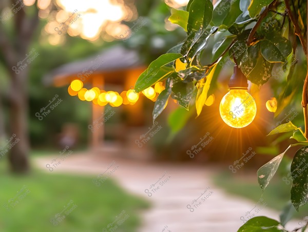 A glowing light bulb hangs from a tree branch against a blurred background featuring green space and a wooden structure. The bulb appears to be part of a string of glowing lights extending along the tree. The details depict a serene atmosphere in a garden or patio.