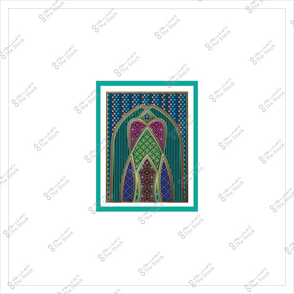 A colorful art design featuring geometric patterns, with vibrant colors including blue, green, purple, and yellow, framed in light blue.