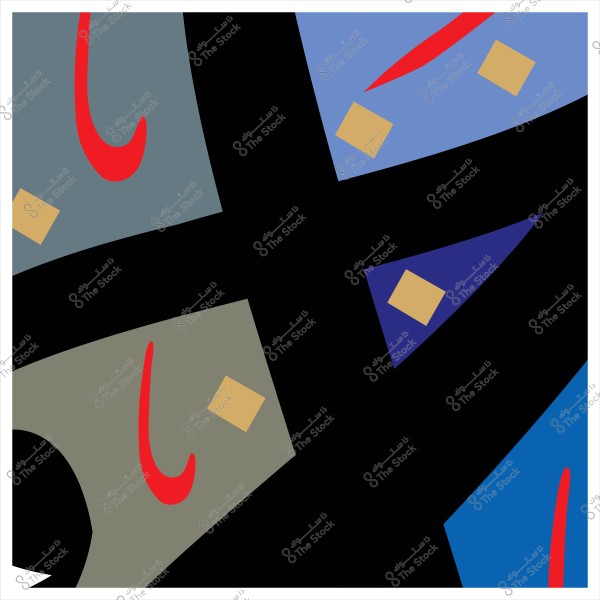 لوحة تجريدية تحتوي على أشكال هندسية بألوان مختلفة مثل الأسود والأزرق والأحمر.