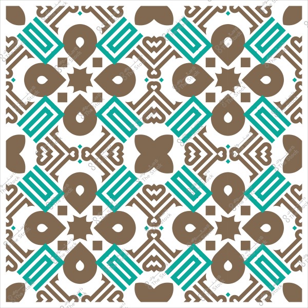 نمط هندسي إسلامي بألوان بني وأخضر زمردي على خلفية بيضاء.