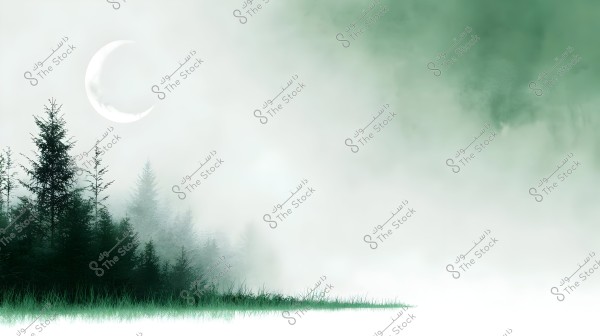 An image depicting a serene natural landscape featuring a forest of dense green trees on the left side, with thick mist covering the scene in the middle and right sections. A prominent crescent moon is visible in the green sky.