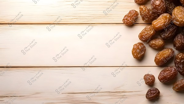The image shows a collection of brown dates on a light-colored wooden surface. The dates are piled on the right side of the image and appear glossy and slightly wrinkled.