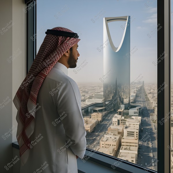 A man wearing traditional Saudi attire, including a white thobe and a red and white checkered ghutra, stands by a window overlooking an urban scene in Riyadh with the Kingdom Tower in the background.