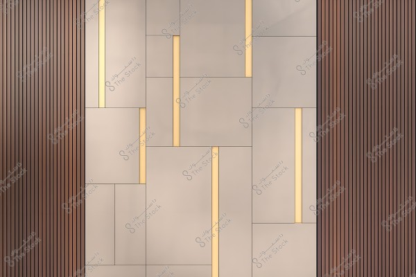 A modern wall design featuring rectangular beige panels arranged in a geometric pattern with narrow yellow-lit slits. The sides have vertical brown lines, adding a contemporary and sleek aspect to the design.