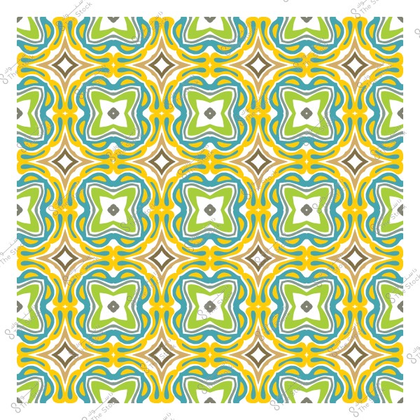 Decorative pattern in green, yellow, and blue colors on a white background.