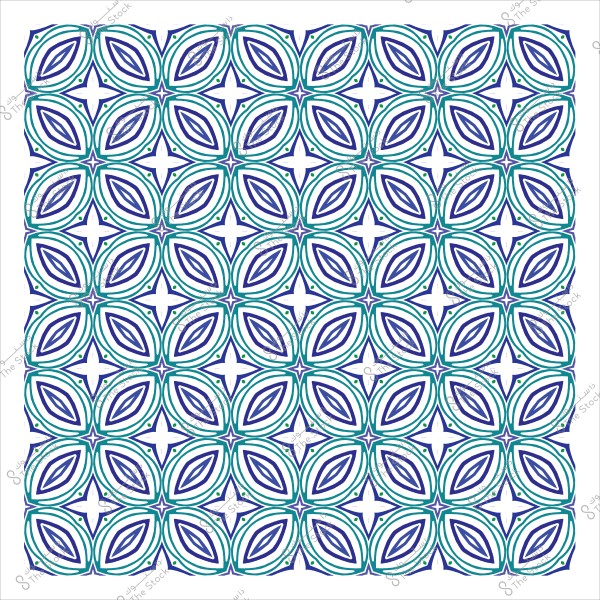 Symmetrical geometric pattern with circular shapes and motifs in blue and turquoise colors.