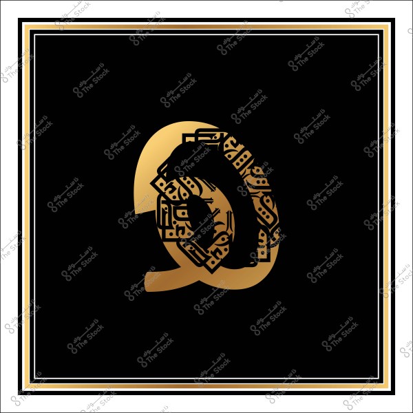 لوحة فنية تعرض رمز @ ذهبي كبير محاط بزخارف هندسية ونقوش فنية عربية باللون الذهبي على خلفية سوداء, مع إطار أسود وذهبي محيط بالصورة.

-