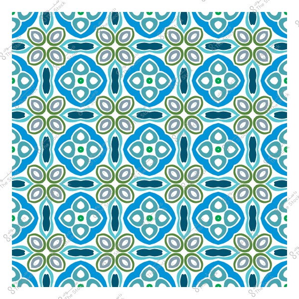 Geometric pattern with blue and green colors and interlocking shapes resembling flowers and circles.