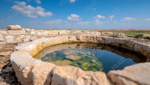 The image shows a small stone well made from ancient rocks in an open area, reflecting the blue sky with a few white clouds on the water\'s surface. Natural stones surround the well, and some green grass is growing in the background. The scene captures the tranquility of nature on a sunny day.