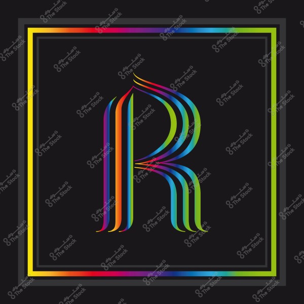 حرف \"R\" مصمم بألوان قوس قزح مع خلفية سوداء وإطار ملون.