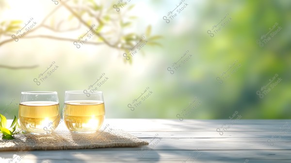 The image shows two transparent glass cups containing green tea placed on a straw mat atop a wooden table. The background is blurred with green foliage and sunlight streaming through, creating a sense of calm and relaxation.