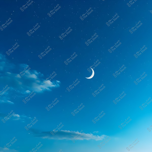 A clear night sky with a glowing crescent moon on the right side, and stars scattered across the sky. Some light clouds are visible at the bottom of the image, with shades of blue creating a sense of tranquility and beauty.