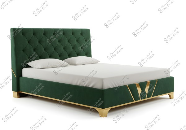 An image of a stylish bed with a green velvet frame and a tufted headboard. The bed features gold metallic accents and includes two white pillows and a white bedsheet, giving it a luxurious and modern appearance.