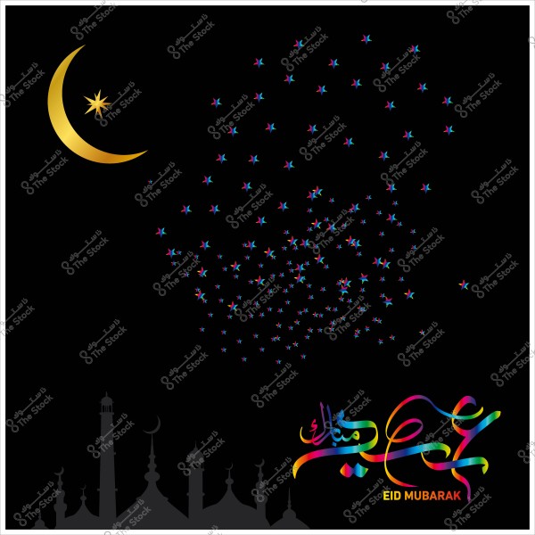 Eid Mubarak card design with a black background, golden crescent, colorful stars, and mosque towers silhouette.