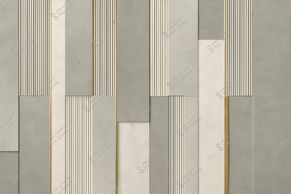 Geometric design of a wall surface composed of parallel rectangles with vertical patterns in gray and beige colors. The design features a contrast between ribbed lines and solid spaces, also includes thin gold details.