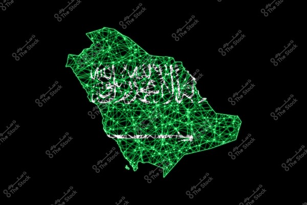 An image depicting the map of Saudi Arabia in green formed by intersecting network lines symbolizing technology and digital connectivity. In the center of the map, there is the text \"There is no god but Allah\" in white, with a horizontal sword beneath it.