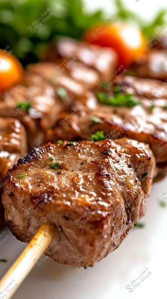 An image of grilled meat skewered on a wooden stick. The meat is a tempting golden-brown color, garnished with some green herbs. In the background, there are fresh vegetables like tomatoes and lettuce.