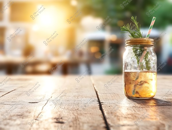 An image of a glass jar placed on a wooden table in an outdoor setting illuminated by sunlight. The jar contains an amber liquid with ice cubes and a sprig of herbs for garnish, topped with a striped straw.