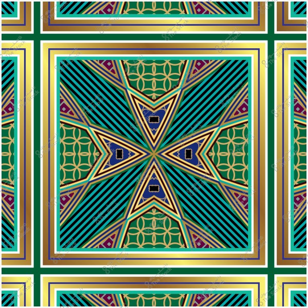 A multicolored geometric pattern featuring intersecting lines and star shapes with golden decorations and vibrant colors.