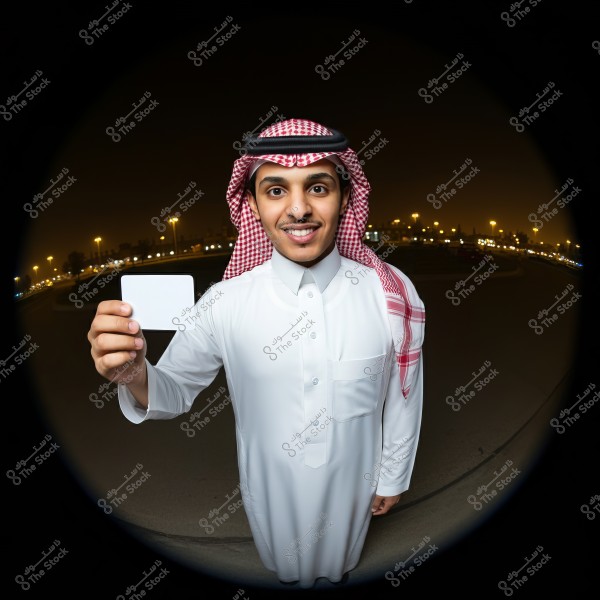 A portrait of an individual wearing traditional Saudi attire, including a white thobe, a red and white checkered ghutra, and a black agal. The person is smiling and holding a blank card in their hand. The background shows city lights in the evening.
