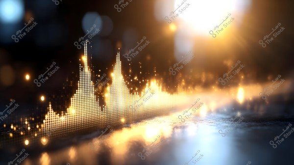 An image depicting a visual representation of sound waves or data in a glowing digital format. It consists of illuminated dots that rise upward on a dark background. Bright golden light is prominently featured, reflecting on a smooth surface below.