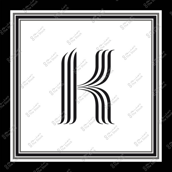 The letter "K" in a stylized 3D black design with a decorative black and white border.