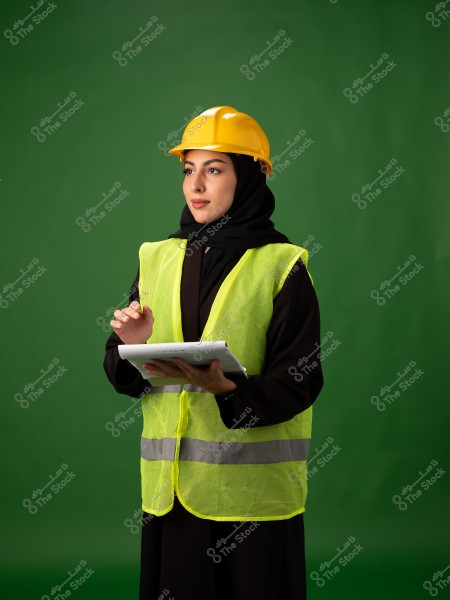 An image of a woman wearing a yellow safety helmet and a green reflective vest, standing against a green background. She is holding a notebook in her hand and is dressed in a black abaya and black headscarf.