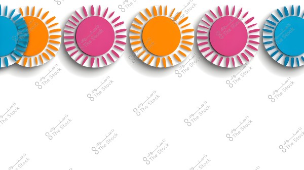 Image showing a row of colorful circular shapes resembling suns. The circles are in blue, pink, and orange, each surrounded by small, ray-like shapes. The background is white, and the vibrant colors give a lively and cheerful impression.